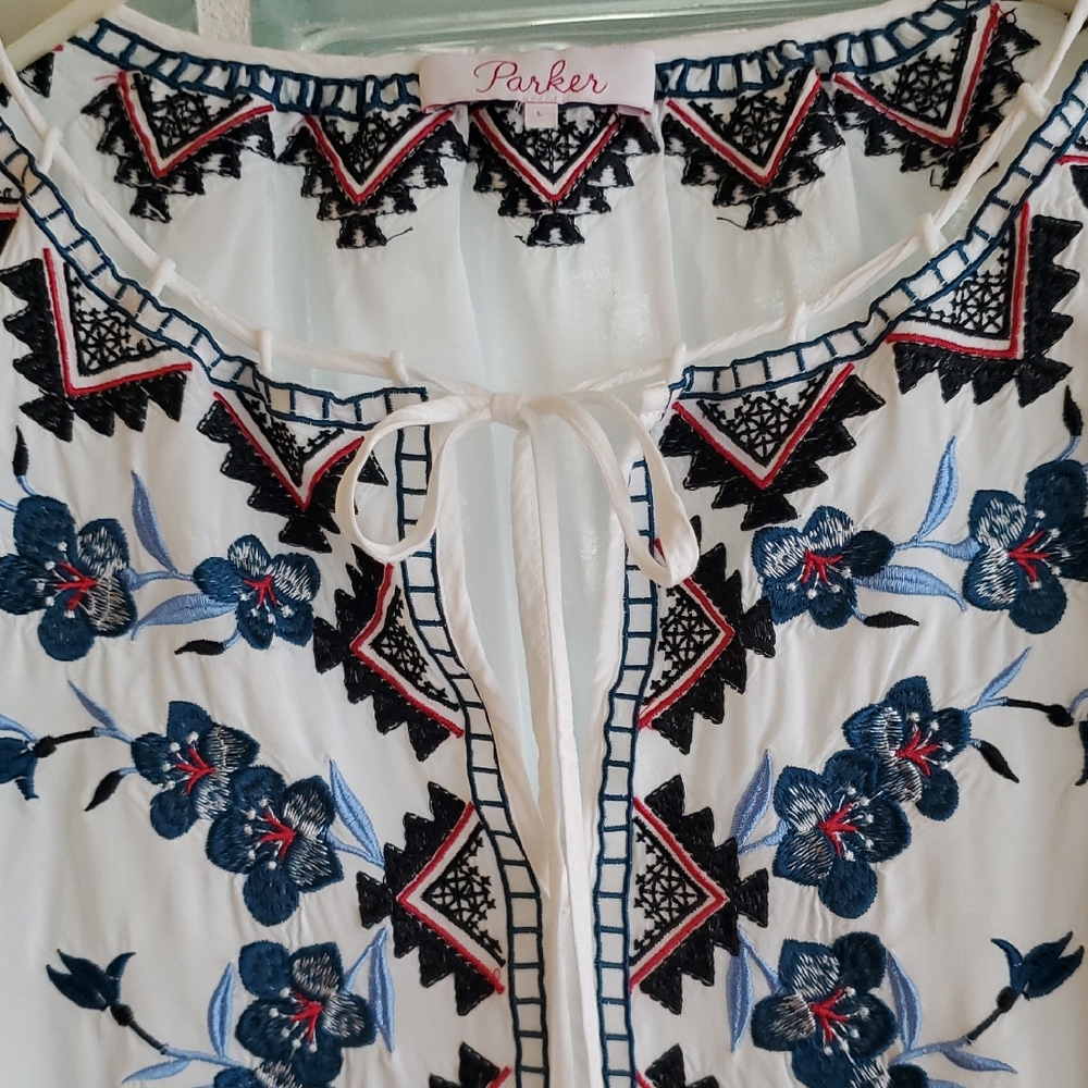Parker White Blouse with Blue and Black Floral Embroidered Design